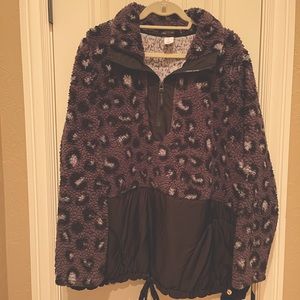 Livi by Lane Bryant Gray Leopard Faux Fur Fleece Half-zip Jacket, 26/28